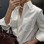 preiswerte Weiße Freizeitkleider-Damen Hemd Bluse Einfach Modern Lässig Langarm Hemdkragen Normale Oberteile Täglich Ferien Ausgehen Knöpfe Tasche Weiß Sommer
