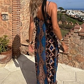 tanie Sukienki boho-Damskie Długa sukienka sukienka maxi Codzienne sukienki Sukienka na ramiączkach Moda Na zewnątrz Impreza Święto Regularny Geometryczny Bez rękawów W serek Niebieski Lato