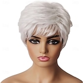 cheap Older Wigs-Short Silver White Synthetic Wigs with Bangs for Old Women White Stylish Fluffy Layered Wigs Natural Fluffy Heat Resistant Wigs for Mother Grandmother Grandma
