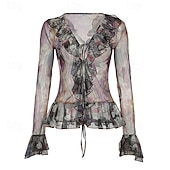 preiswerte Boho Tops-Damen Boho-Hemd Bluse Blume Modern Boho Langarm V Ausschnitt Normale Oberteile Täglich Ferien Netz Druck Purpur Sommer