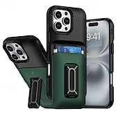 رخيصةأون جرابات آيفون-جراب هاتف ملون مقاوم للصدمات لهاتف iPhone 16 Pro Max Plus / 15 / 14 / 13 / 12 Pro Max - فتحة بطاقة منزلقة مع مسند، غطاء خلفي من الكمبيوتر الشخصي