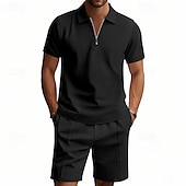 voordelige Klassieke polo voor heren-Voor heren Wafel Poloshirts Polo met kwartrits Dagelijks Feestdagen Revers Korte mouw Modieus Basic Effen 2-stuks Zomer Normale pasvorm Zwart Wit Marineblauw Koningsblauw Groen Khaki Wafel Poloshirts