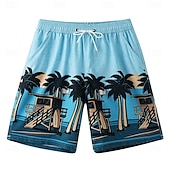 baratos Calções Elite Masculinos-Homens Calção Shorts de praia Bolsos Com Cordão Imprimir Gráfico Folha Árvore Respirável Secagem Rápida Comprimento do joelho Ao ar livre Férias Casa Férias Estilo Étnico Azul Céu Azul escuro