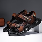 cheap Outdoor Sandals-Men&#039;s Brown Faux Leather and Mesh Sport Sandals with Dual Buckle Straps – Durable Outdoor Sandals for Hiking, Beach or Vacation Wear