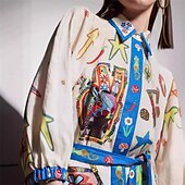 economico disegnare abiti in cotone e lino-Per donna Mini Abito Abiti in cotone e lino Vestito Casual Moda All&#039;aperto Feste Ferie Vestibilità regolare Graffiti Manica 3/4 Colletto a Camicia Blu Estate
