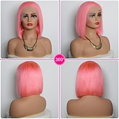 billige Parykker med blondefront, naturlig hår-Pink# Human Hair Wig 13*4 Short BOBO Lace Wig Straight Human Hair 150% Density