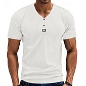 cheap Casual Henley Tee-Men&#039;s T Shirt Henley Shirt Tee Short Sleeve Shirt Short Sleeve V Neck Summer Plain Fashion Designer Basic Jacquard Vacation Street Going out Black White Khaki Top Tee for Men