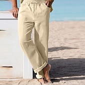 baratos Feriado-Homens Calças de linho Calças Calça verão Calças de praia Com Cordão Cintura elástica Perna reta Tecido Conforto Respirável Comprimento total Casual Diário Feriado Férias Moda Branco Azul Céu