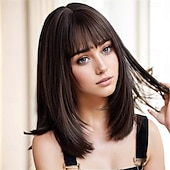 お買い得  トレンドの合成ウィッグ-女性用ミディアムロングヘアウィッグ、ダークブラウンボブウィッグ、フリンジ付き、ナチュラルストレートヘアウィッグ、ハロウィン仮装コスプレ用16インチ