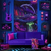お買い得  ブラックライトタペストリー-ブラックライトタペストリー 輝く暗闇 輝くパーティー UV反応 動物 海のイルカ トリッピー ミスティ キノコ 自然の風景 壁掛けタペストリー 壁アート 壁画 リビングルーム 寝室用