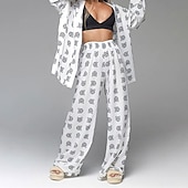 abordables Ensembles-Femmes Mode Streetwear Ensembles en coton et lin Ensembles de Pantalons manche longue Décolleté plongeant Lettre Imprimé Tenue quotidienne Date Noir Blanche Vert Été Coupe régulière