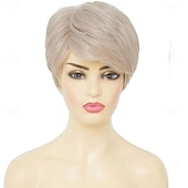 economico parrucca più vecchia-Parrucca da donna corta, bionda, bianca, con taglio pixie, liscia, riga laterale, a strati, in fibra sintetica, ispida, per vecchie signore, per uso quotidiano