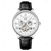 abordables Relojes mecánicos-Reloj mecánico automático hueco de lujo resistente al agua con fecha. &amp;Reloj de cuero de moda para hombre, reloj de negocios para hombre, reloj de ocio.