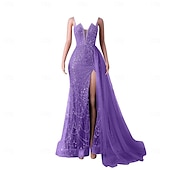 baratos CINZA-Sereia  Vestido de Noite Trompete Vestido Elegante Festa de Gala Traje de Corte Sem Mangas Alças Finas Com Lantejoulas e Pérolas