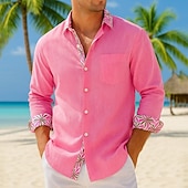 preiswerte Freizeithemden für Herren-Herren Hemd Sommerhemd Freizeithemd Strandhemd Knopfhemd Gelb Rosa Grün Grau Langarm Bedruckt Revers Urlaub Hawaiianisch Tasche Bekleidung Polyester Mode Lässig Bequem
