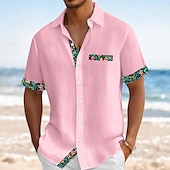 voordelige Vakantie-Voor heren Overhemd Linnen overhemd Zomer overhemd Strand Kleding Overhemd met knopen Effen Kleur Vakantie Curise Zwart Blozend Roze Groen Licht Blauw Korte mouw Kraag Zomer Lente zomer Kleding