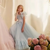 baratos Vestidos para Menina das Flores de Casamento-Vestido de Baile de Linha Reta com Cauda para Menina das Flores Aniversário Frozen Elsa Meninas Vestido de Formatura Bonito Tule com Camadas Estilo Real Tutu Tamanho 3-16 Anos