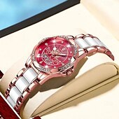 baratos Relógios Quartz-Relógio feminino de quartzo em ouro rosa – mostrador retrô à prova d&#039;água com diamantes e ponteiros luminosos, pulseira de aço inoxidável