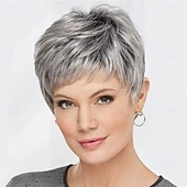cheap Older Wigs-Short Silver White Synthetic Wigs with Bangs for Old Women White Stylish Fluffy Layered Wigs Natural Fluffy Heat Resistant Wigs for Mother Grandmother Grandma