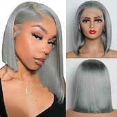 economico Parrucche lace front capelli veri-parrucca frontale in pizzo con capelli umani grigi 13x4, parrucca corta e liscia in pizzo con densità del 150%