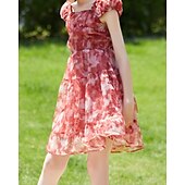 cheap Dresses-Kids Girls&#039; Dress Flower Short Sleeve Outdoor Ruched Fashion Adorable Polyester Knee-length Casual Dress Floral Dress Summer 4 years+ Red