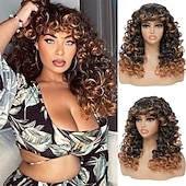 voordelige Historische pruiken-Krullende Pruik Grote Krullende Pruiken voor Witte Zwarte Vrouwen 20 Inch Lange Krullende Afro Pruik met Pony Synthetisch Haar Vervangingspruiken voor Cosplay en Dagelijks Ombre Blonde Halloween