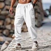 baratos Retrô-Homens Calças Cargo Calças de linho Calças Calça verão Calça casual Com Cordão Cintura elástica Bolso multi Tecido Conforto Respirável Comprimento total Casual Diário Feriado Férias Moda Preto Branco