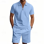 voordelige Klassieke polo voor heren-Voor heren Wafel Poloshirts Polo met kwartrits Dagelijks Feestdagen Revers Korte mouw Modieus Basic Effen 2-stuks Zomer Normale pasvorm Zwart Wit Marineblauw Koningsblauw Groen Khaki Wafel Poloshirts