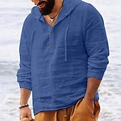 preiswerte Urlaub-Herren Hemd Leinenhemd Popover-Hemd Sommerhemd Strandbekleidung Kapuzenhemd Einfarbig Urlaub Straße Schwarz Weiß Marineblau Himmelblau Langarm Mit Kapuze Sommer Frühling Bekleidung