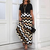 preiswerte Streifen- und geometrisches Kleid-Damen Maxikleid A Linie Kleid Sommerkleid Lässig Täglich Normale Passform Geometrisch Kurzarm Rundhalsausschnitt Gelb Sommer