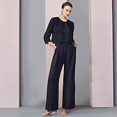 cheap Mom&#039;s Pant Suits-Pantsuit 3 Piece Mother of the Bride  Formal Wedding Guest Elegant Scoop Neck Ankle Length Chiffon Lace Sleeveless with Appliques free custom size