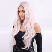 baratos Perucas Sintéticas sem Touca-Perucas sintéticas Ondulado Ondas Soltas Corte em Camadas Com Franjas Fabrico à Máquina Peruca 28 polegadas A1 Cabelo Sintético Mulheres Elástico Clássico Confortável Branco