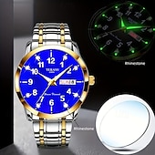 baratos Relógios Quartz-Conjunto de relógio de quartzo para casal, 2 peças – mostrador digital redondo, à prova d&#039;água ipx7, ponteiros luminosos, calendário duplo (data e dia), pulseira de liga, estilo empresarial unissex, ideal para encontros e presentes
