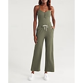 billiga vida ben och raka byxor-Dam Yogajumpsuit Onesie Ficka Henley Yoga Kondition Pilates Vida byxor med linne Svart Grön sporter Sportkläder Microelastisk