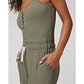 billiga vida ben och raka byxor-Dam Yogajumpsuit Onesie Ficka Henley Yoga Kondition Pilates Vida byxor med linne Svart Grön sporter Sportkläder Microelastisk