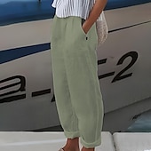 economico Pantaloni in lino e cotone semplici-Per donna Taglie Forti Pantaloncini in cotone e lino Pantaloni ispirati al lino Pantaloncini foderati Semplice Casual Comfort Lungo Naturale Colore Puro Micro-elastico Casa Streetwear Bianco Blu