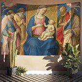 preiswerte Mittelalterlicher Wandteppich-Mittelalterlicher Wandteppich Religiöse Kunst großes Wandbild Dekor Foto Hintergrund Zuhause Schlafzimmer Wohnzimmer Dekoration Madonna und Kind mit Heiligen