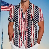 お買い得  フラグパターン-アメリカ独立記念日 男性用 ストライプ アメリカの米国旗 愛国 シャツ サマーシャツ ボタンアップシャツ 半袖 ファッションカジュアル アウトドア 祝日 夏 春 折襟 3Dプリント 襟付きシャツ ルビーレッド ダークブルー