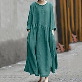 abordables robes imprimées en coton et lin-Femmes Robe Midi Robe en coton et lin Classique Moderne Extérieur Vacances Fête Coupe régulière Uni manche longue Col ras du cou Noir Rouge Vert Été