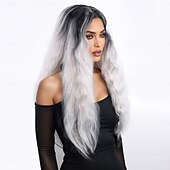 baratos Perucas Sintéticas sem Touca-Perucas sintéticas Ondulado Onda Profunda Corte em Camadas Com Franjas Fabrico à Máquina Peruca 28 polegadas A1 Cabelo Sintético Mulheres Clássico Confortável Cores Gradiente Branco