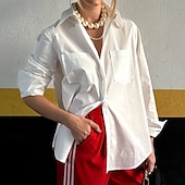 preiswerte Weiße Freizeitkleider-Damen Hemd Bluse Einfach Modern Lässig Langarm Hemdkragen Normale Oberteile Täglich Ferien Ausgehen Knöpfe Tasche Weiß Sommer