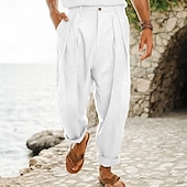 abordables Vacances-Homme Pantalons en Lin Pantalons Pantalon d&#039;été Plissé Jambe Droite Uni Confort Respirant Longueur complète Extérieur Occasionnel Quotidien Vacances Mode Coupe Ample Noir Blanche Taille haute