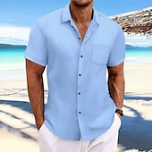 preiswerte Herrenhemd zum Knöpfen-Herren Hemd Sommerhemd Freizeithemd Strandhemd Knopfhemd Schwarz Marineblau Blau Dunkelgrün Braun Kurzarm Einfach Revers Urlaub Hawaiianisch Jacquard Bekleidung Polyester Mode Lässig Bequem