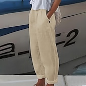 economico Pantaloni in lino e cotone semplici-Per donna Taglie Forti Pantaloncini in cotone e lino Pantaloni ispirati al lino Pantaloncini foderati Semplice Casual Comfort Lungo Naturale Colore Puro Micro-elastico Casa Streetwear Bianco Blu
