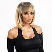 voordelige Synthetische trendy pruiken-Synthetische pruiken Kinky Recht Natuurlijk recht Asymmetrisch kapsel Strakke pony Machinegemaakt Pruik 30.5 cm A1 Synthetisch haar Dames Klassiek Comfortabel Kleurgradatie Blond