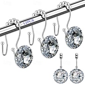 olcso Zuhanyfüggönyök-12 db Zuhanyfüggöny Horog Luxus Design Kerek türkizkék Gyémánt Kristály Csepp mely Csúszkáló Golyozókkal Van Ellátva Hableány Zuhanyfüggönyhöz Rozsdamentes Fém Ragyogó Zuhanyfüggöny Gyűrűk
