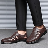 baratos Sandálias de vestir-Men's Sandals Walking Casual PU Leather Breathable Comfortable Slip Resistant Buckle Black Brown Summer Spring Fall