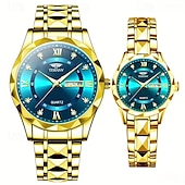 baratos Relógios Quartz-Dois mostradores romanos redondos com diamantes aquáticos, mostrador luminoso, relógio de casal ipx7 à prova d&#039;água, relógio de quartzo com calendário e data, pulseira de aço inoxidável elegante,