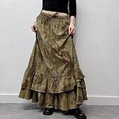 preiswerte Grafische Röcke-Damen Rock Rüschenrock Mode Boho Maxi Mittlere Hüfthöhe Röcke Blumen Rüsche Druck Mikroelastisch Urlaub Straße Braun Sommer Polyester