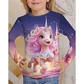 billiga Flickans 3D-tecknad film-Flickor 3D Enhörnings T-shirt Långärmad Vår Höst Mode Grundläggande Barn 4-12 år Rund hals Utomhus Ledigt Dagligen Normal